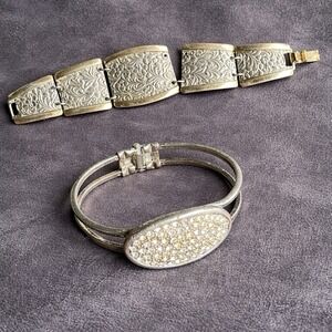 Vintage Bracelet Lot 2 Silver Tone Engraved Panel & Rhinestone Cuff Bracelet